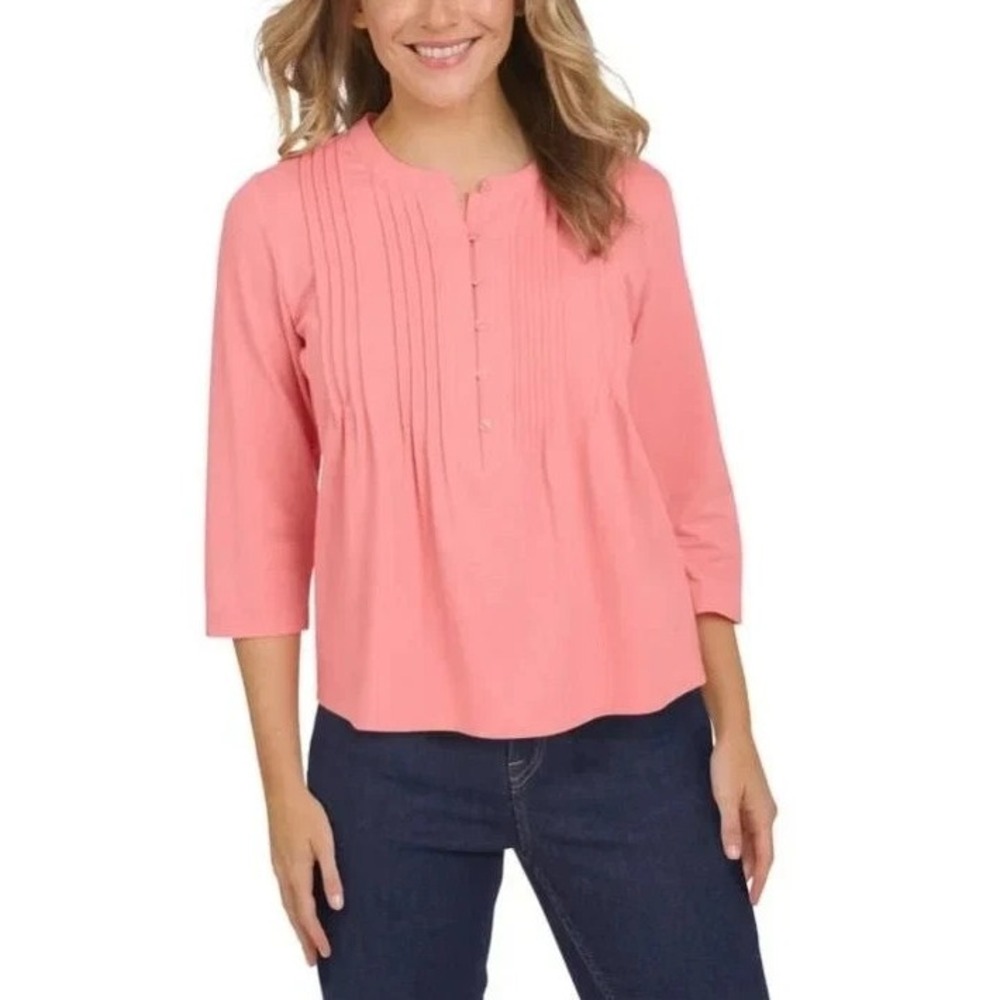 Lands' End Button Front Pintuck Top Women 3/4 Sleeve, Pink, Large, New